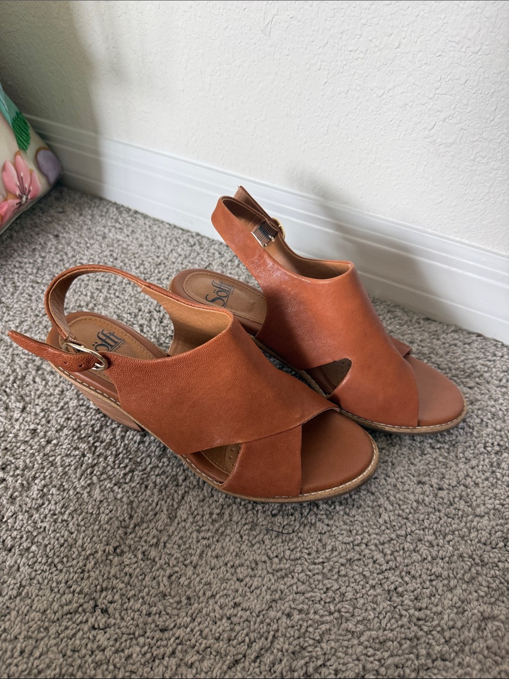 Sofft Tan Leather Crisscross Slingback Wedge Sandals
